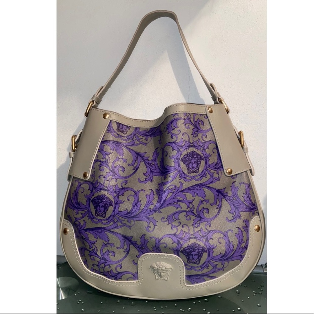 RARE Versace Medusa w/ Baroque Design of Purple & Light Gray Leather Satchel Bag